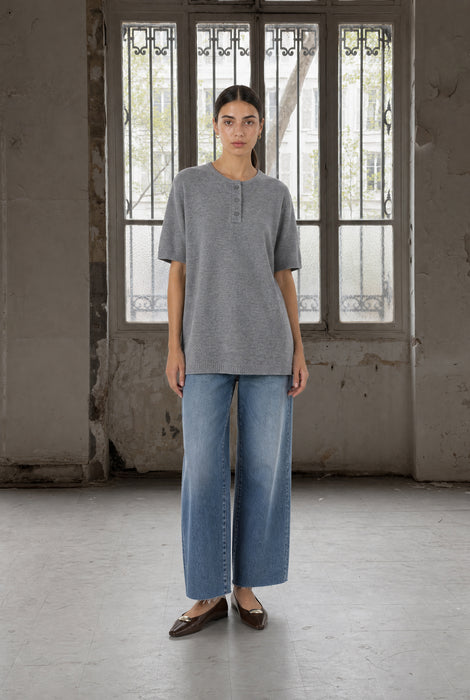 Rora plain knit long top | Grey Melange