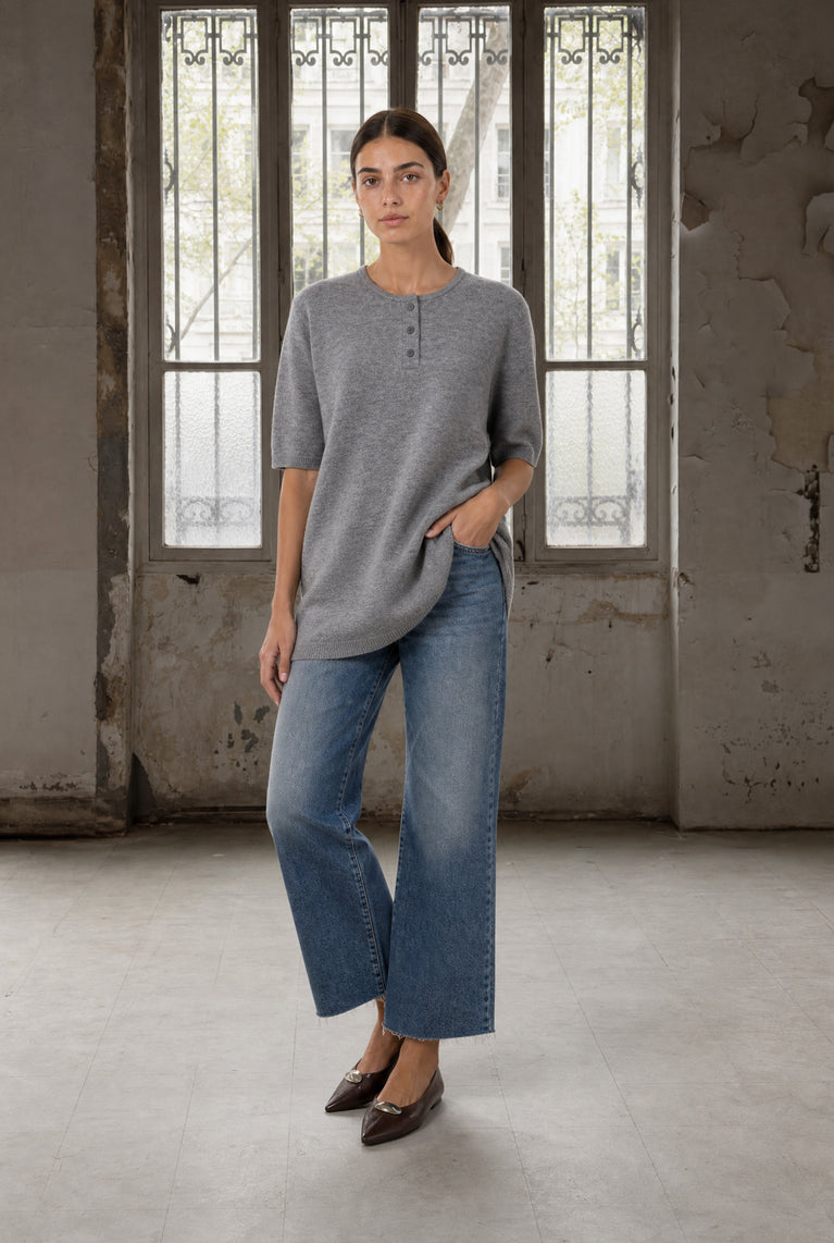 Rora plain knit long top | Grey Melange