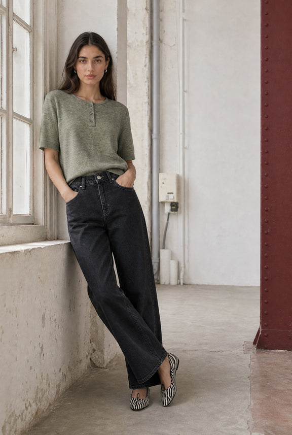 Moon plain knit top | Green Melange