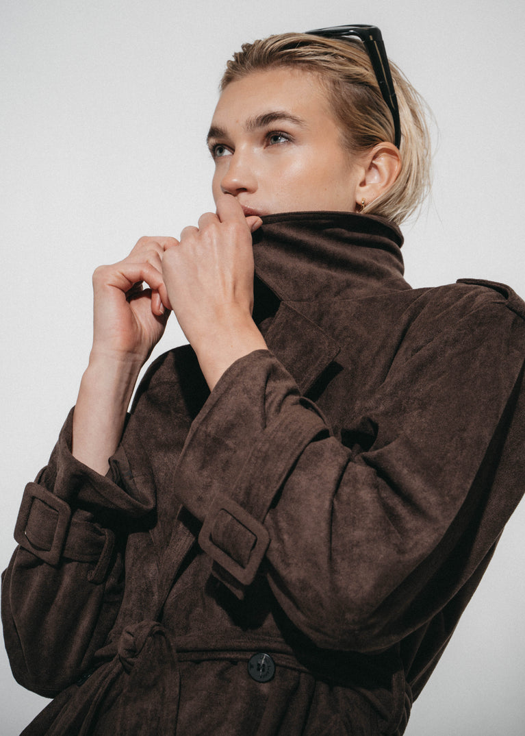 Terra suede effect trench coat | Dark Brown