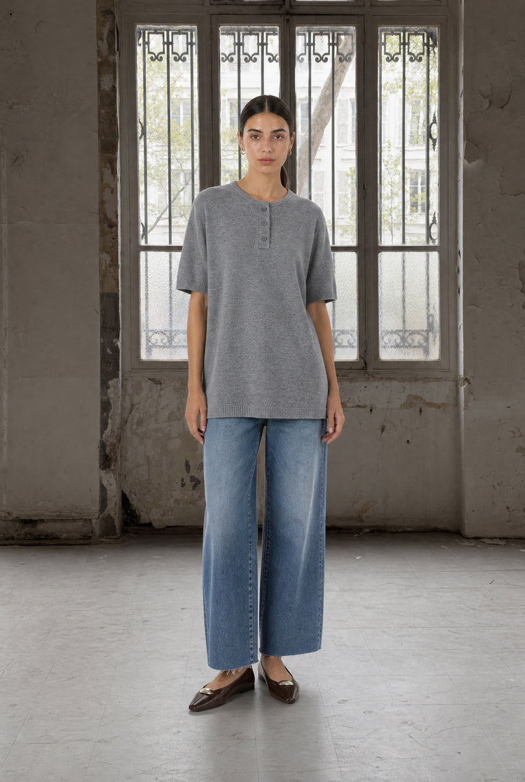 Rora plain knit long top | Grey Melange