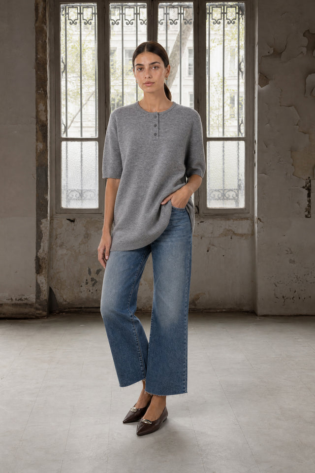 Rora plain knit long top | Grey Melange