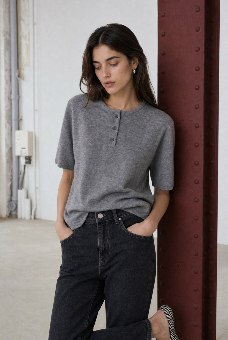 Moon plain knit top | Grey Melange