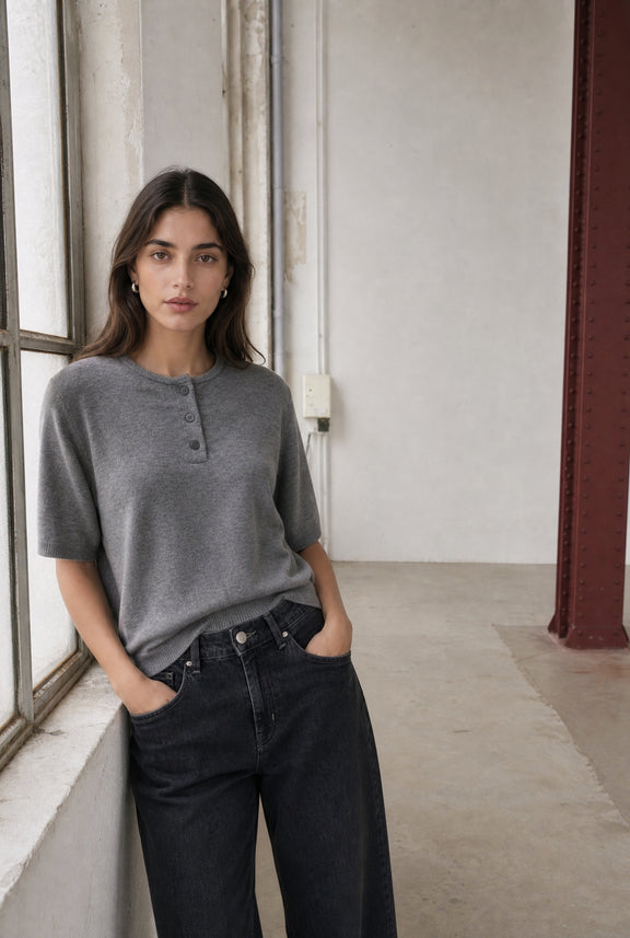 Moon plain knit top | Grey Melange