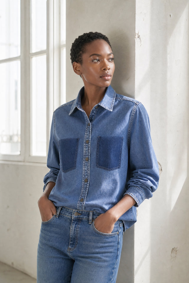 Western repair denim shirt | Flu Blue